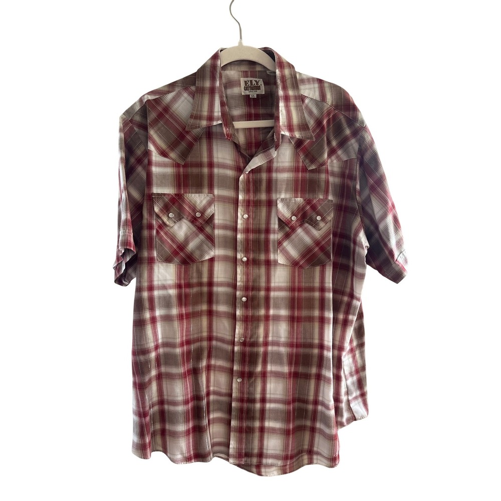 Ely Cattleman Mens XL Red Plaid‎ Pearl Snap Western Short Sleeve Shirt Metallic